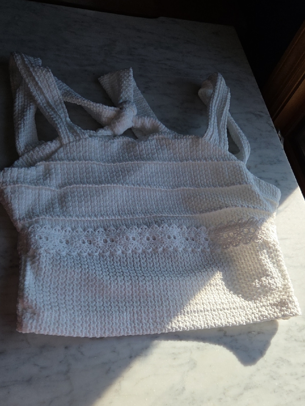 White Knit Cropped Tank with Lace Trim